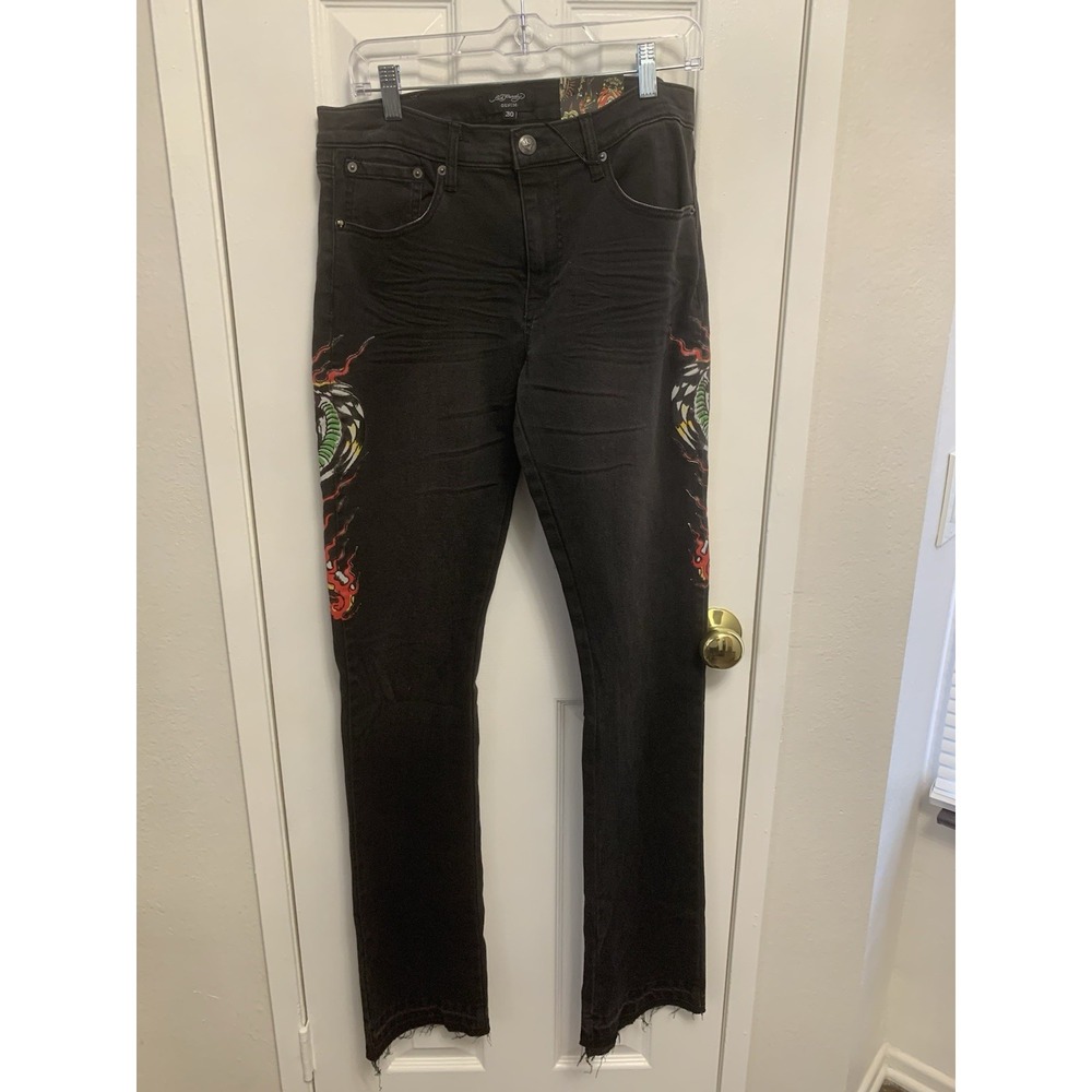 NWT ED HARDY Dragon Stacked Bootcut Men's Jeans Black Wash 30 x 37 Raw Hem